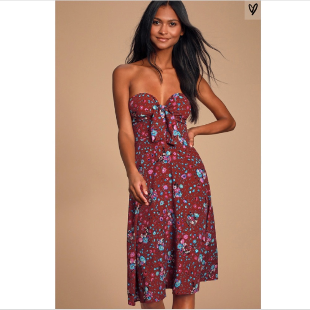 Ava Burgundy Floral Strapless Midi Dress Lulu's